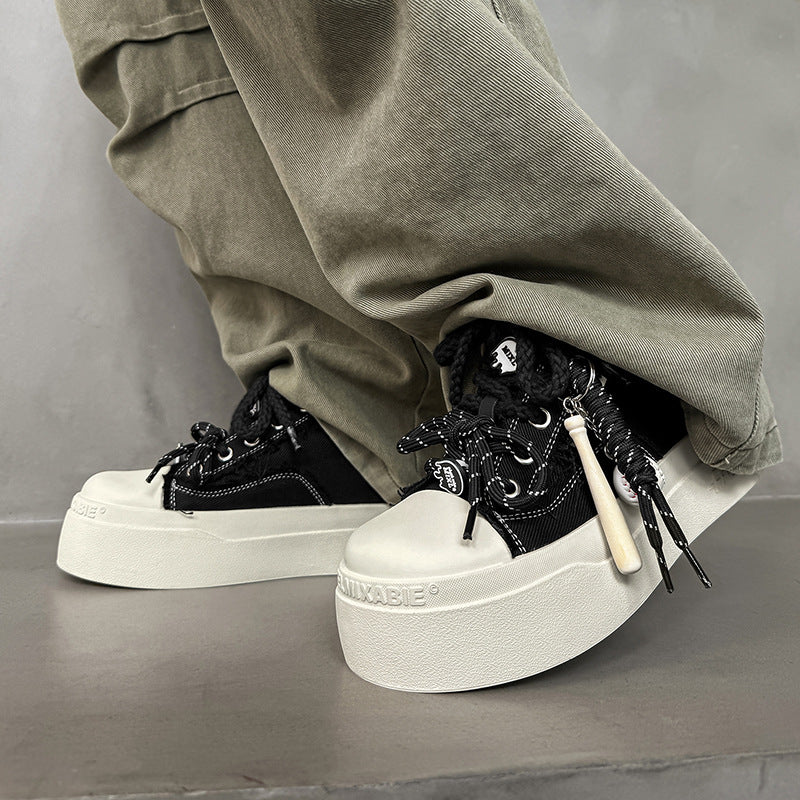 Thick-Soled Round-Toe Mickey Black and White Chunky Sneakers