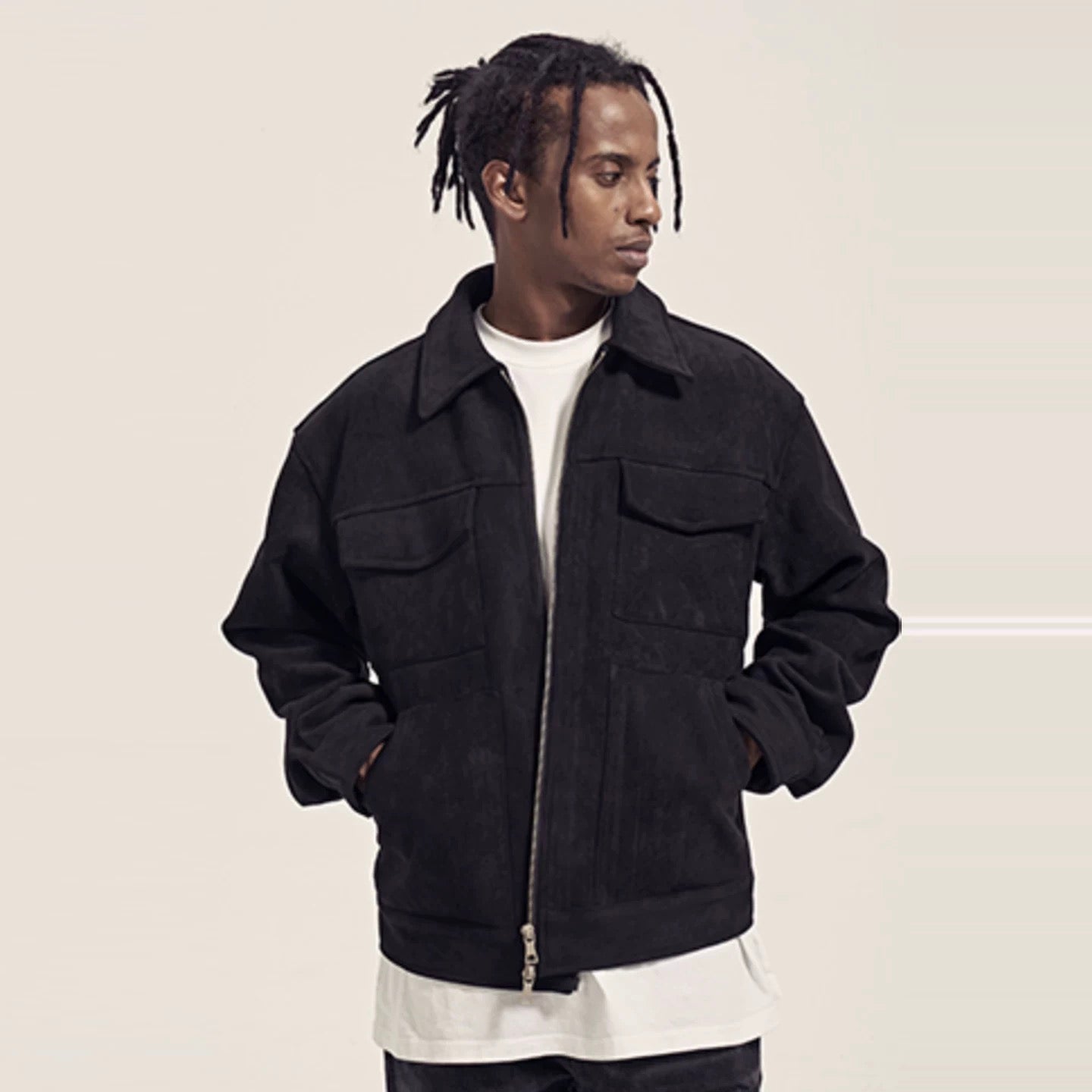 High Street Faux Double Pocket Trendy Retro Spring/Autumn Loose Zipper Casual Jacket Solid Color Coat for Men