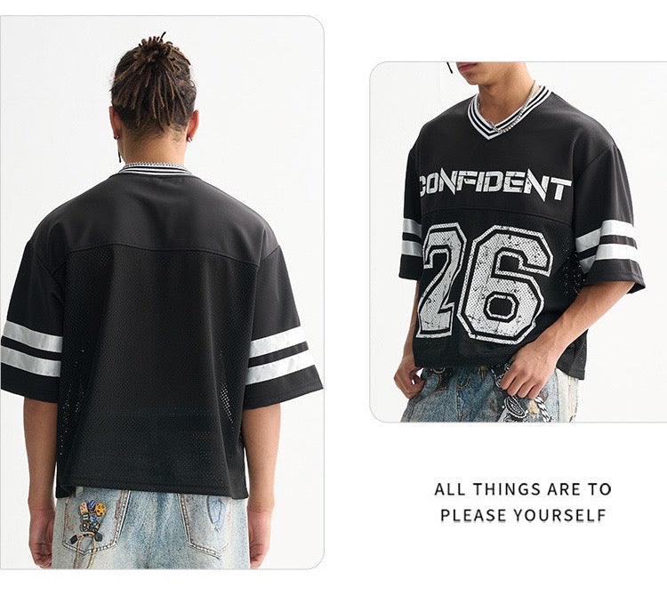 Men's Wear | Short-Sleeve, Wide-Leg American Retro Mesh Jersey/T-Shirt, High-Quality Trendy Color-Blocked Men's Short-Sleeve T-Shirt 103