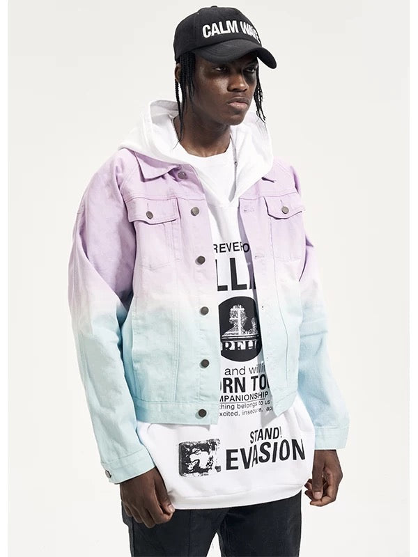 High-street oversized rainbow gradient Vibe style couple denim jacket trendy outerwear hip-hop men's style 116