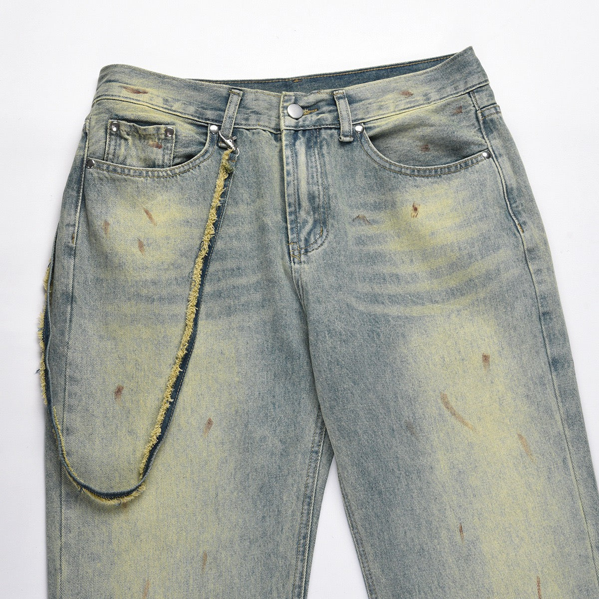 American Style High Street Washed Knife Cut Chain Pocket Hand-painted Splash Ink Retro Old Straight Jeans Trendy Jeans for Men and Women 115