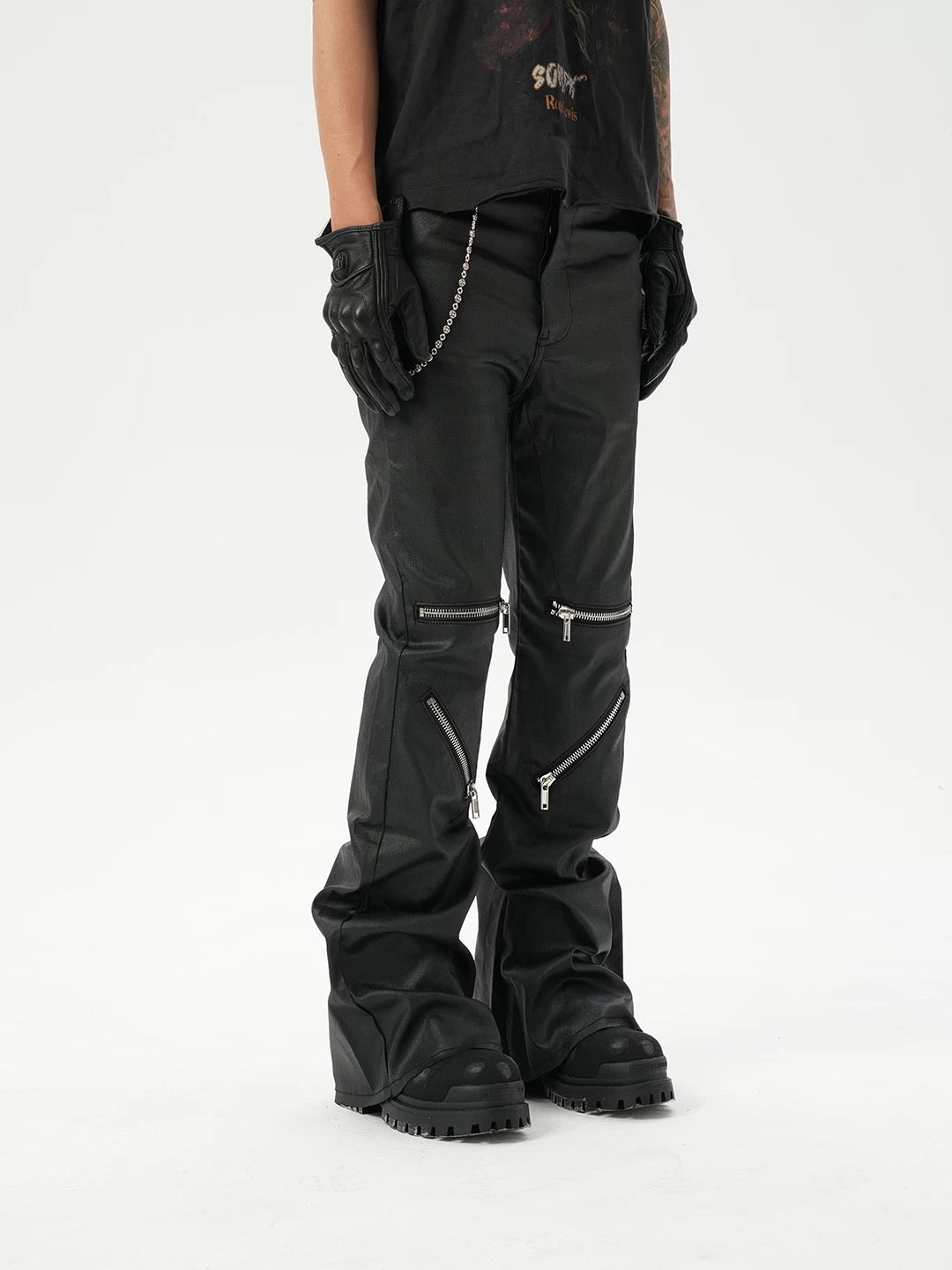 American high-street niche knee-high multi-zipper coated slightly flared jeans, floor-length flared pants