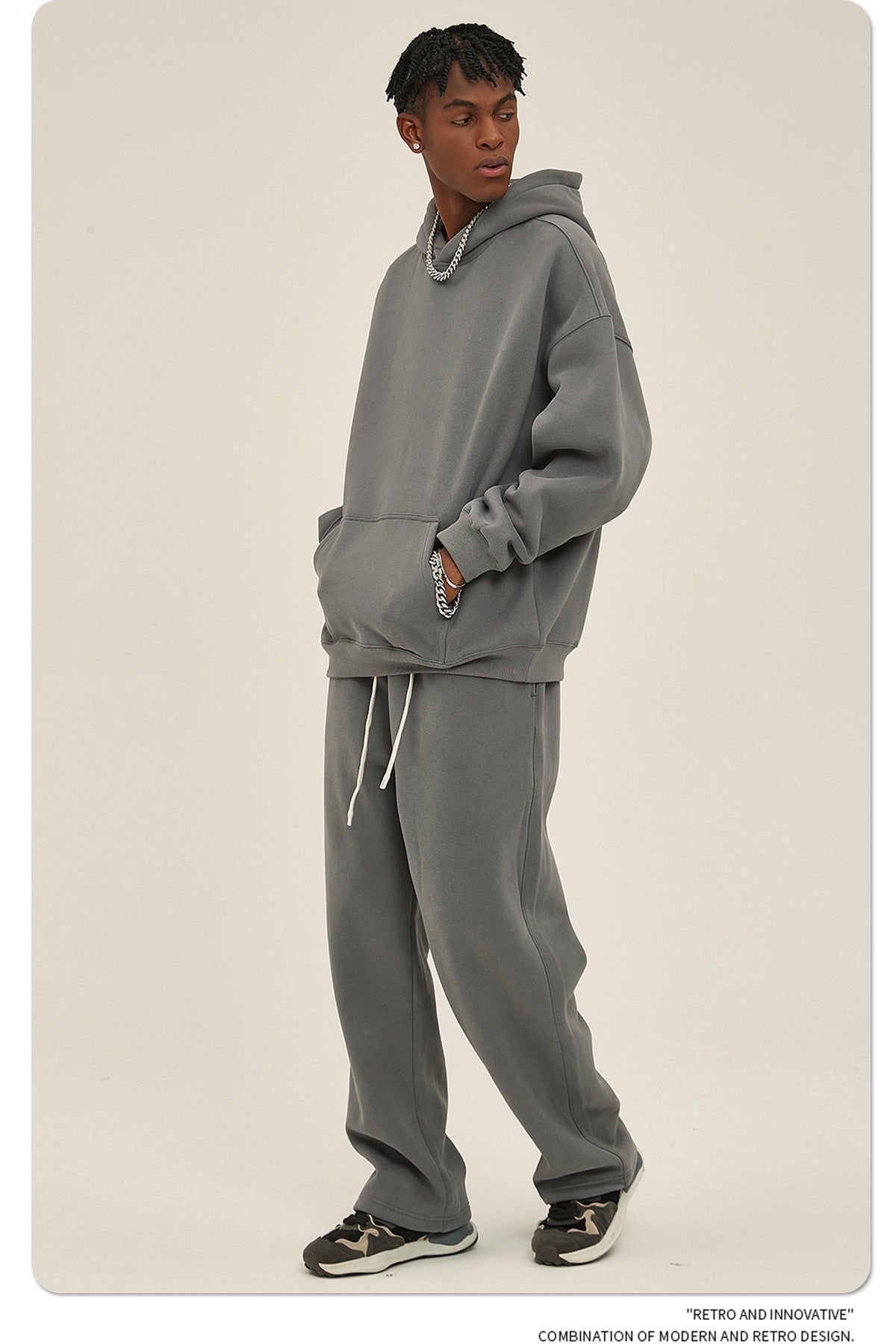 2025 Autumn/Winter New Arrival: Oversized Fleece-Lined Trendy Men's Hoodie and Pants Set 132