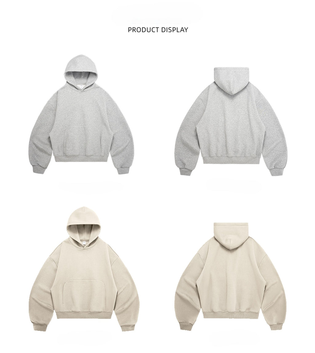 340G Heavyweight Fleece-Lined Hoodie with Curved Sleeves, Men's American Style, Cleanfit Short Solid Color Warm Hoodie 143