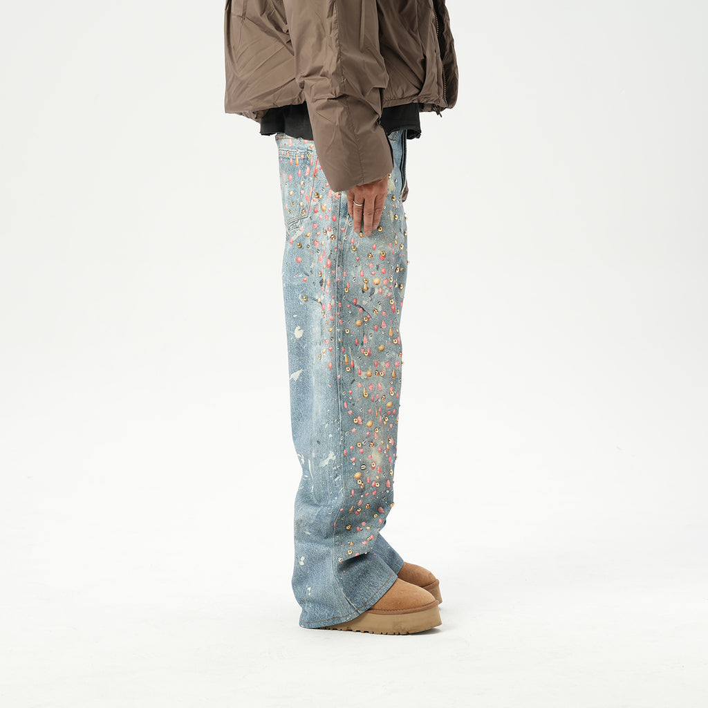 American retro AC style 3D digital printing old rivet drilling casual loose straight jeans men