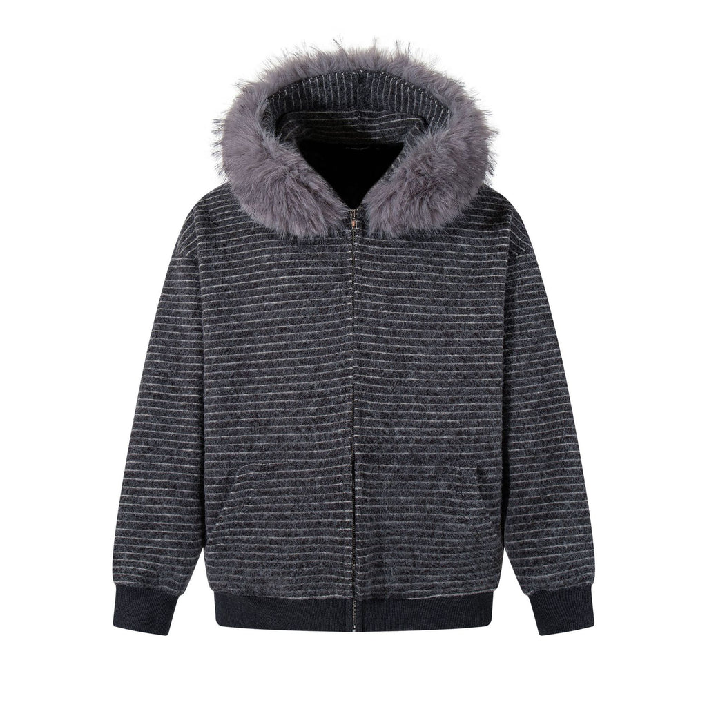 New American Retro Minimalist Versatile Striped Hooded Sweatshirt with Fur Collar Jacket 180