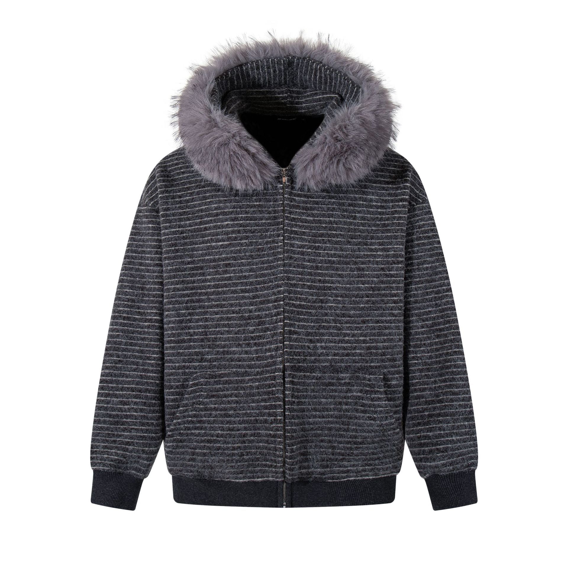 New American Retro Minimalist Versatile Striped Hooded Sweatshirt with Fur Collar Jacket 180