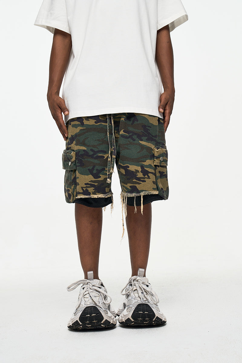High Street washed rough edge distressed double layer retro tooling pocket fashion camouflage shorts summer pants men's