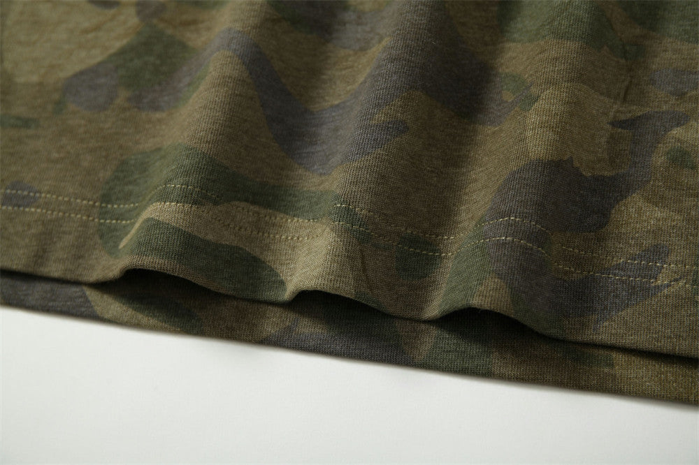 Street punk camouflage long-sleeved T-shirt for men, casual loose fit, spring and autumn, distressed wash, raglan patchwork top, trendy 178