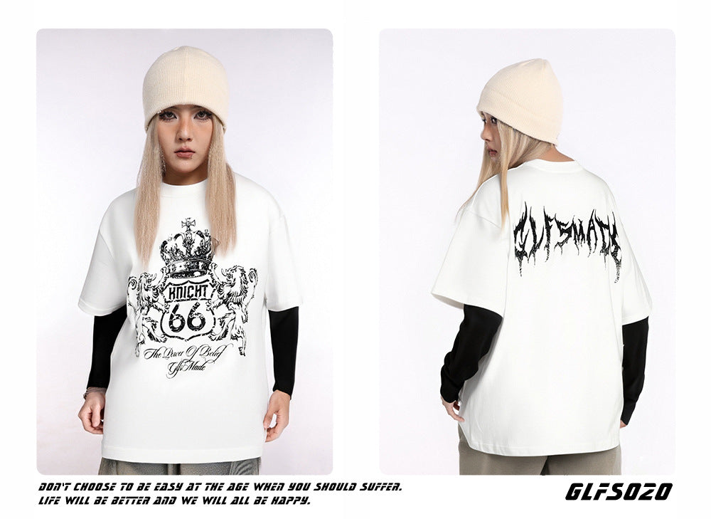 GLFS Subculture Crown Faux Two-Piece Couple Top Long Sleeve Trendy Streetwear Men's Sports Base Layer Autumn Sweatshirt 130