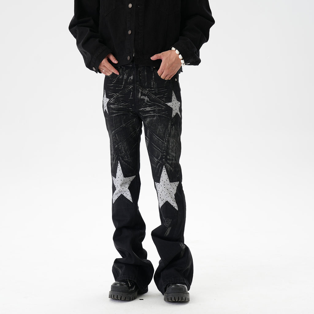 CWHAT American-style high street stitching three-dimensional tailoring deconstruction five-pointed star hot drilling brush dirty slim Micro-jeans men