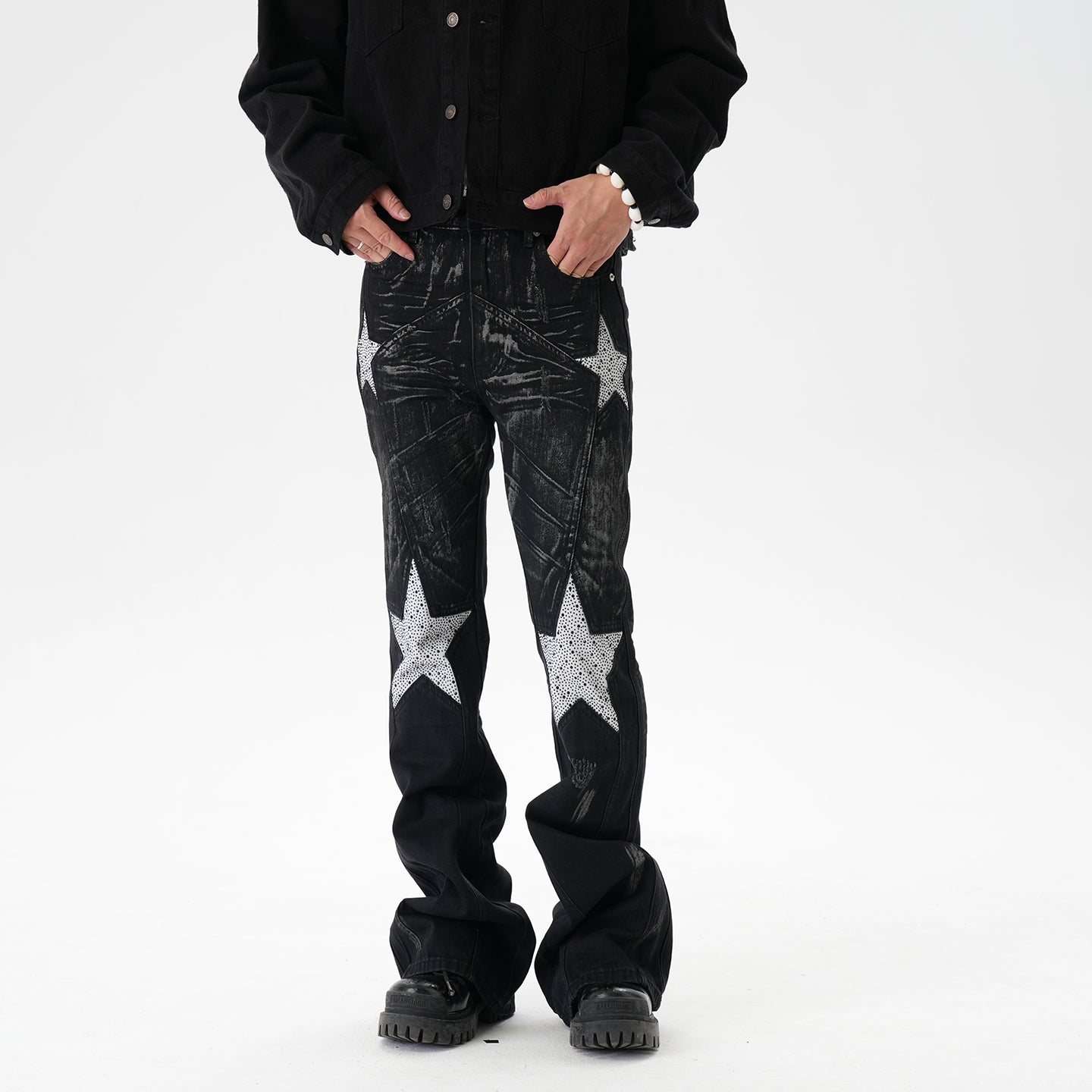 CWHAT American-style high street stitching three-dimensional tailoring deconstruction five-pointed star hot drilling brush dirty slim Micro-jeans men