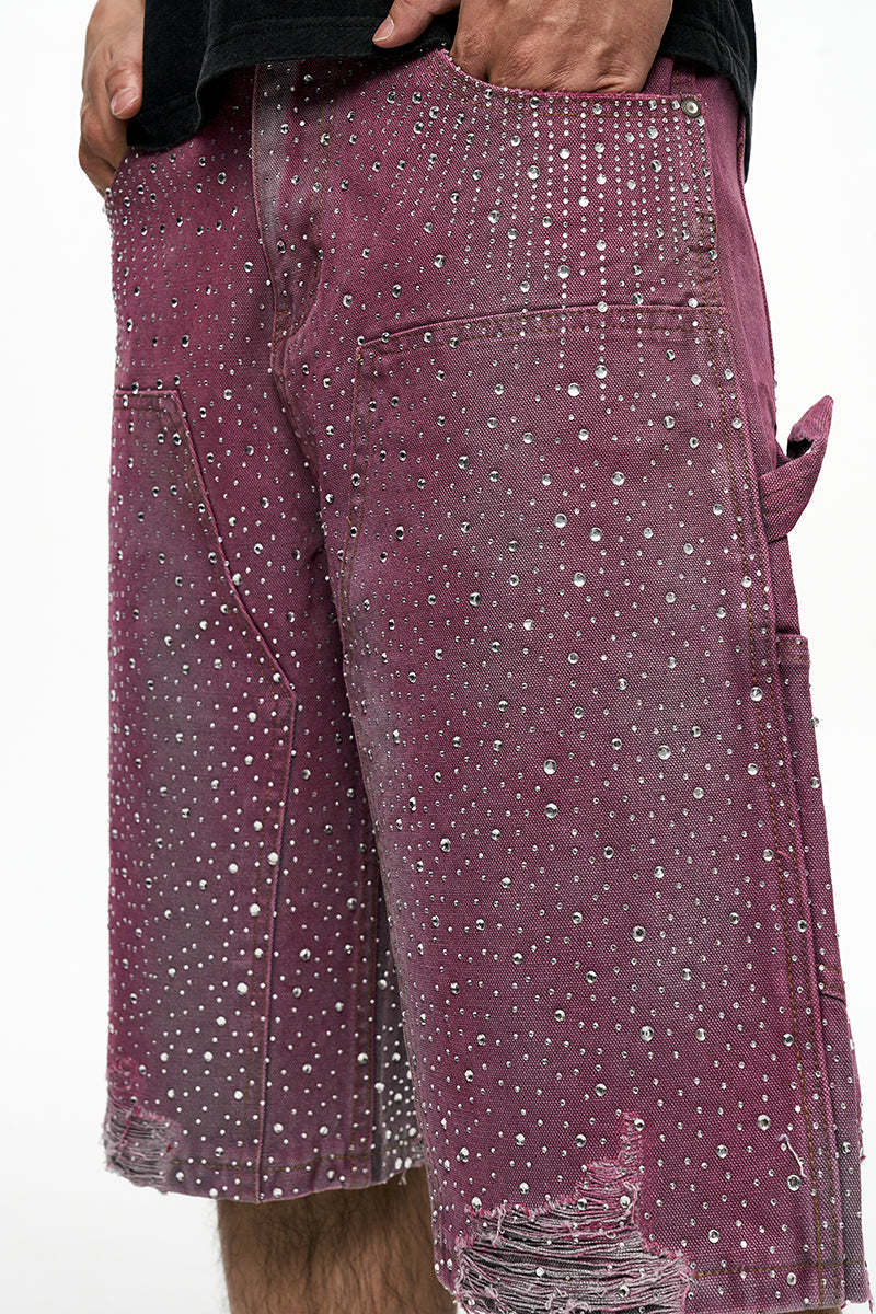 CWHAT American Retro VIBE Style Rhinestone Frayed Edge Men's Hip Hop Cropped Denim Shorts with Rhinestone Foil Hem 153