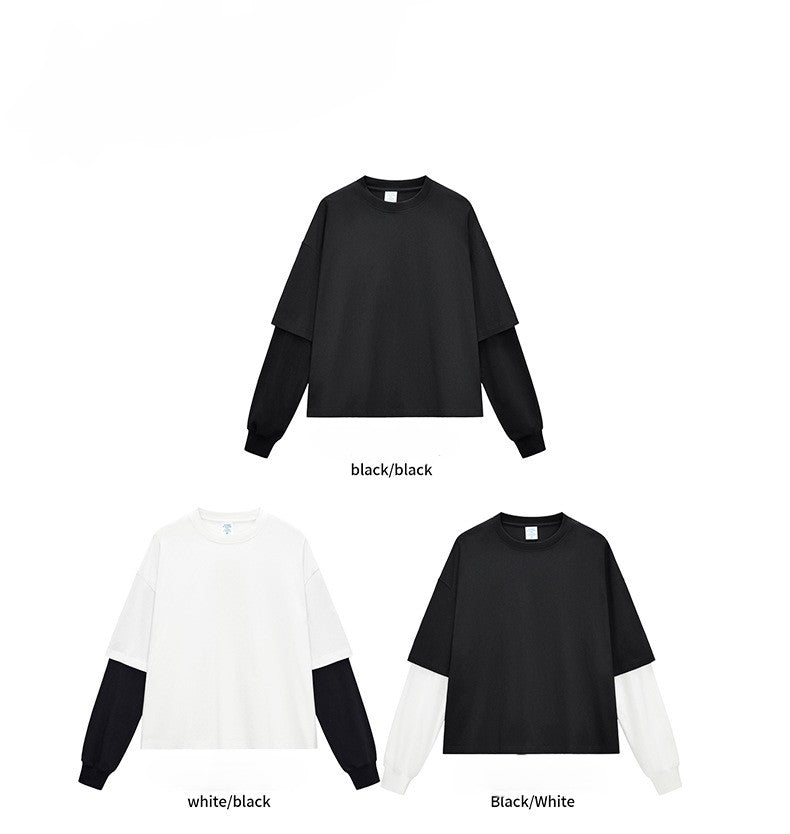 RS Men's Clothing | Cross-border Faux Two-Piece Color Block Long-Sleeve T-Shirt 280G Pure Cotton Short Wide Boxy American Style Patchwork Long-Sleeve T-Shirt 118