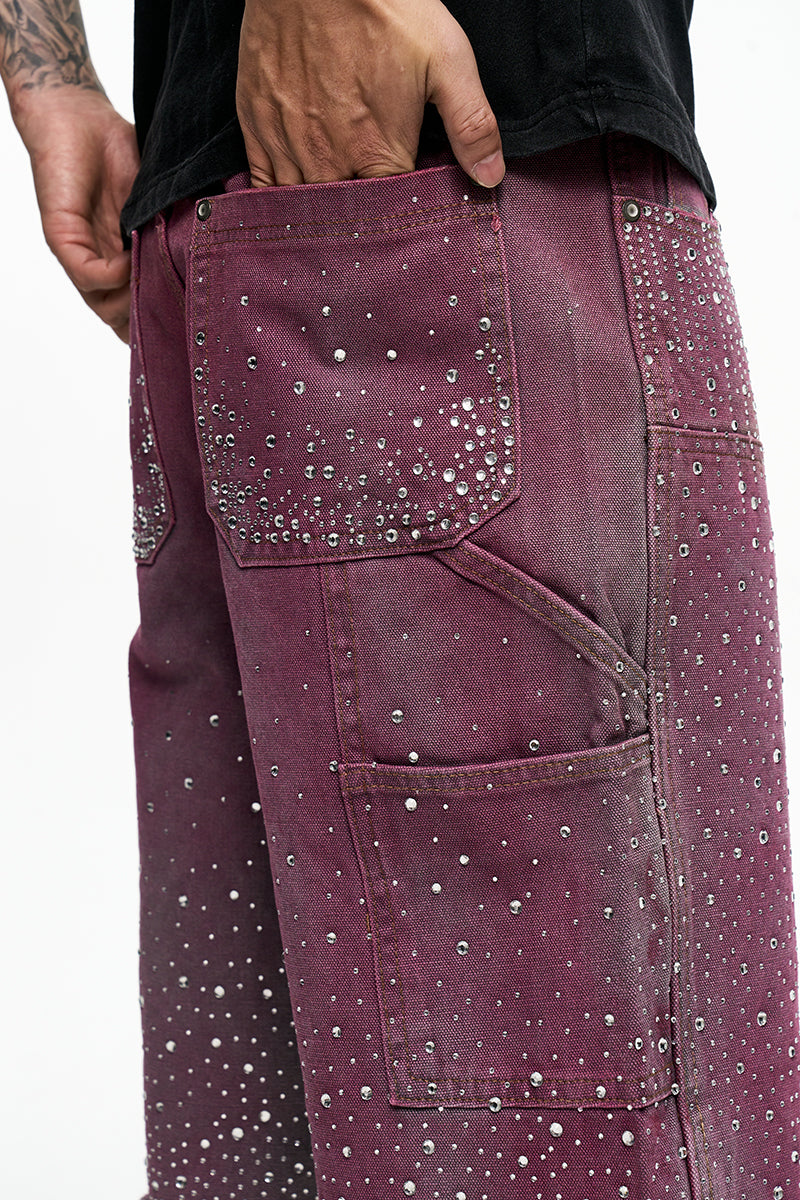 CWHAT American Retro VIBE Style Rhinestone Frayed Edge Men's Hip Hop Cropped Denim Shorts with Rhinestone Foil Hem 153