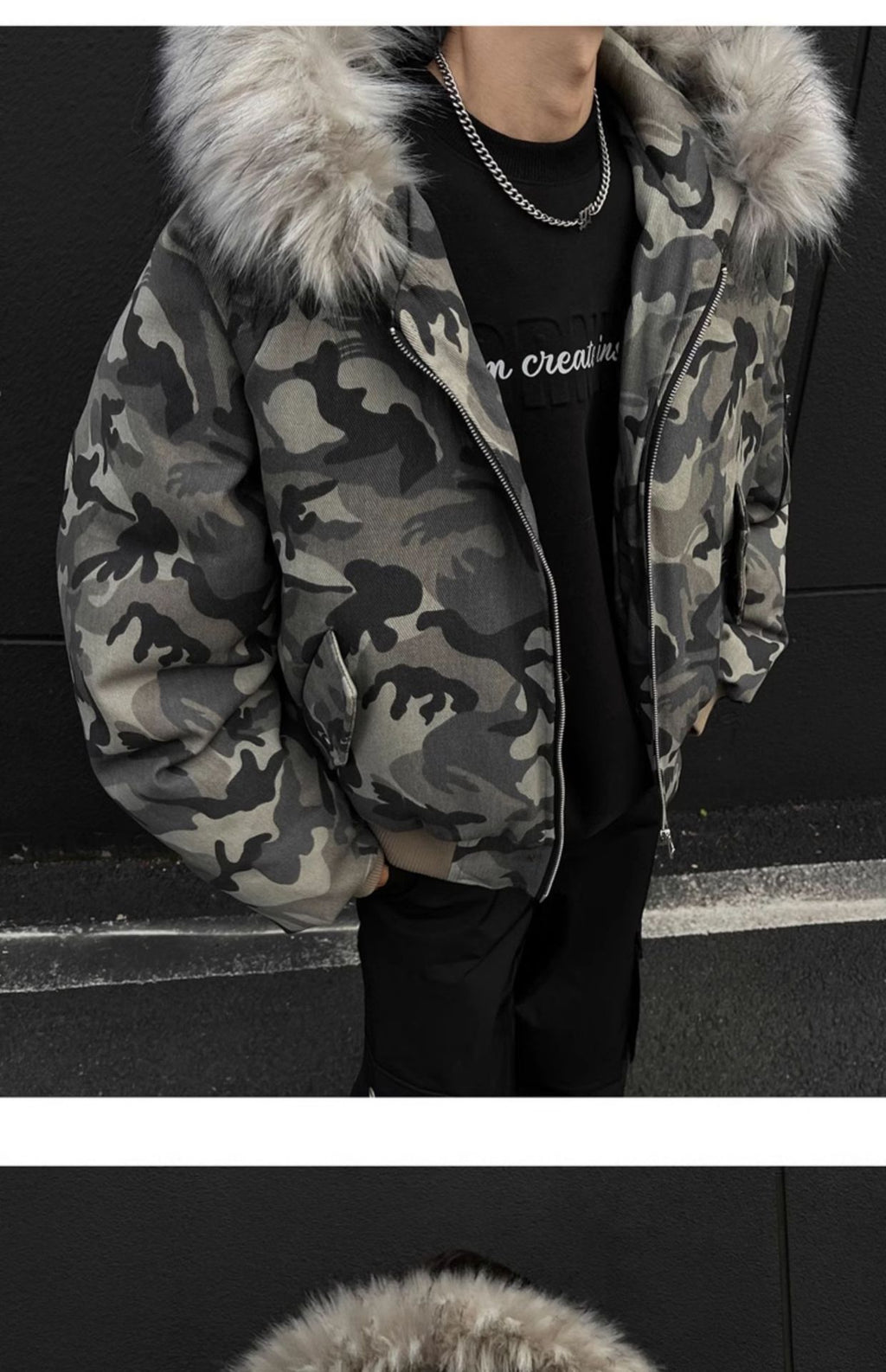 Men's winter thickened high-street bomber American-style flight quilted jacket with large fur collar. 133