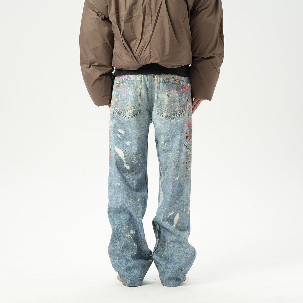 American retro AC style 3D digital printing old rivet drilling casual loose straight jeans men