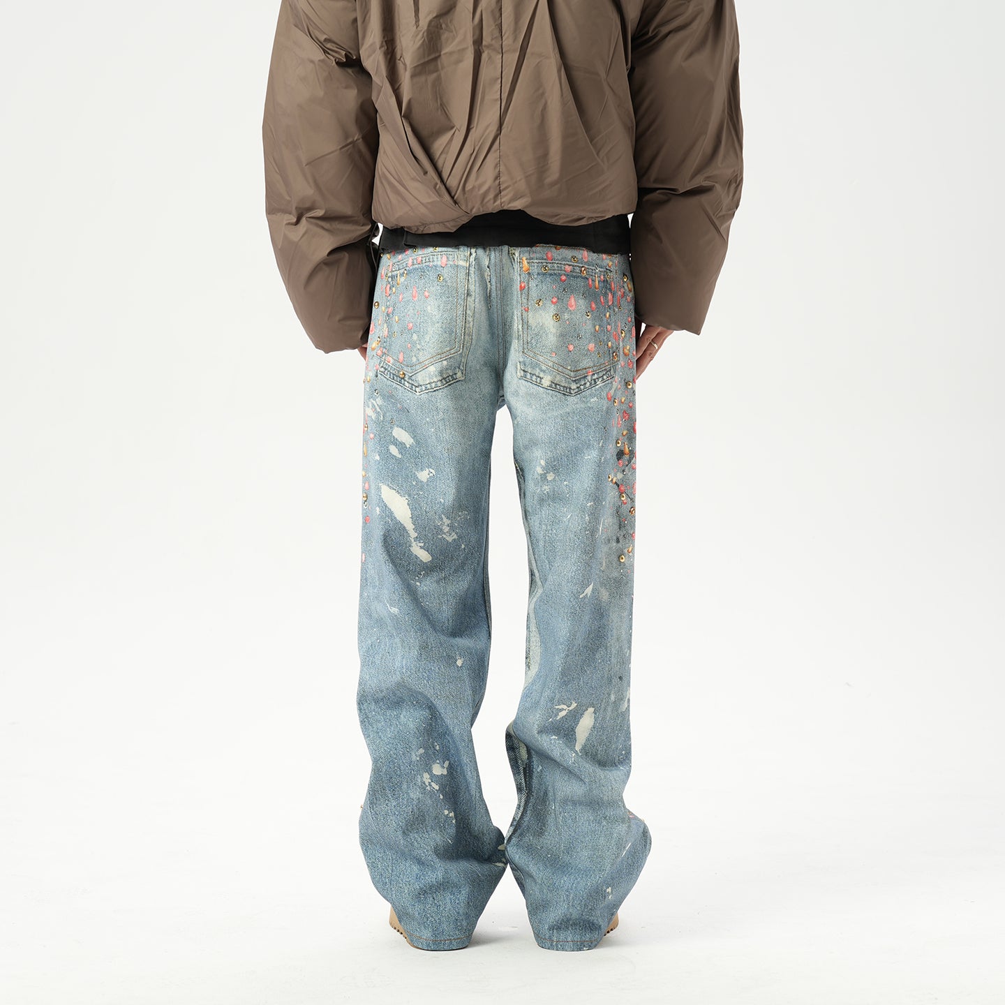 American retro AC style 3D digital printing old rivet drilling casual loose straight jeans men