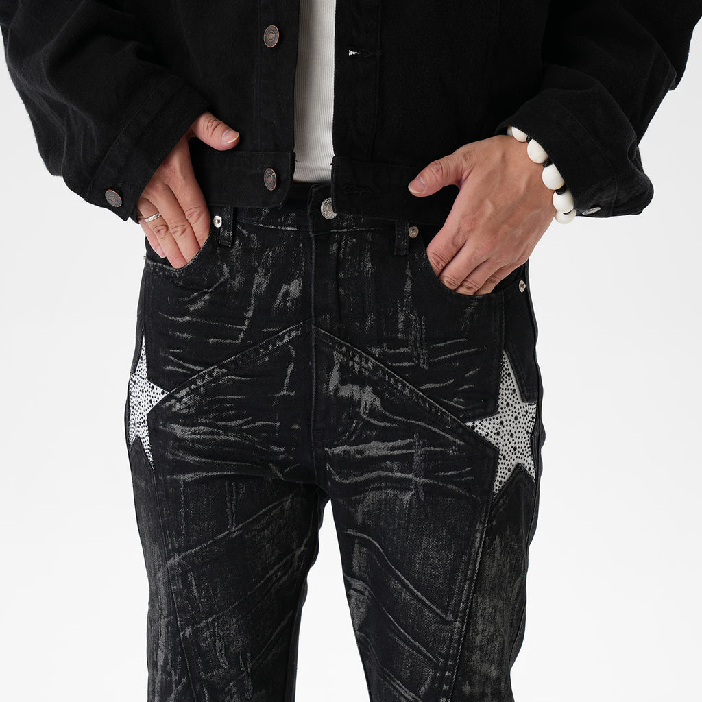 CWHAT American-style high street stitching three-dimensional tailoring deconstruction five-pointed star hot drilling brush dirty slim Micro-jeans men