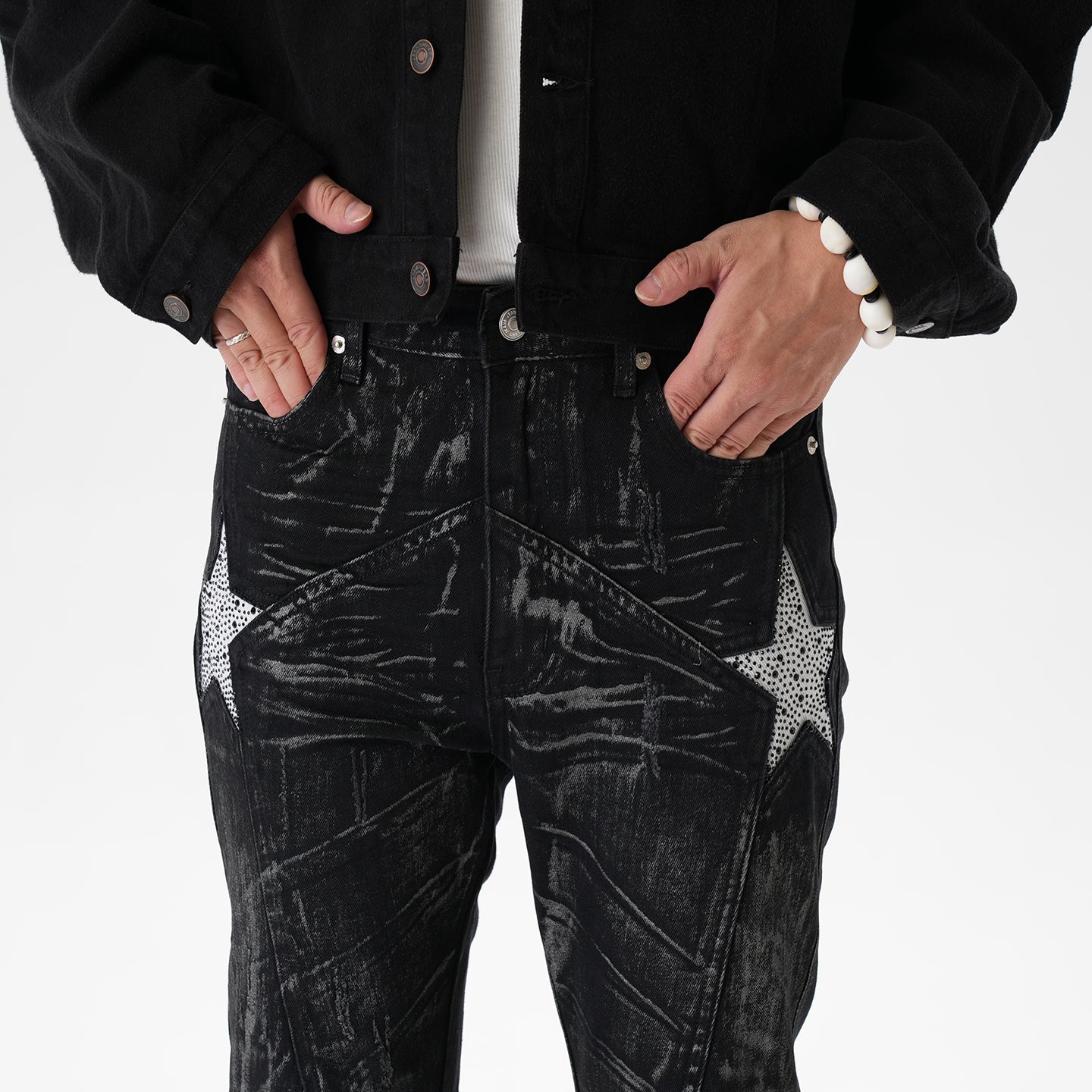 CWHAT American-style high street stitching three-dimensional tailoring deconstruction five-pointed star hot drilling brush dirty slim Micro-jeans men