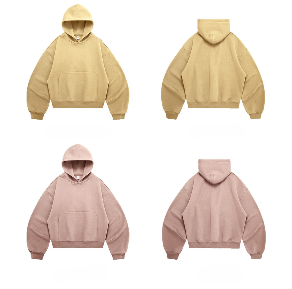 340G Heavyweight Fleece-Lined Hoodie with Curved Sleeves, Men's American Style, Cleanfit Short Solid Color Warm Hoodie 143