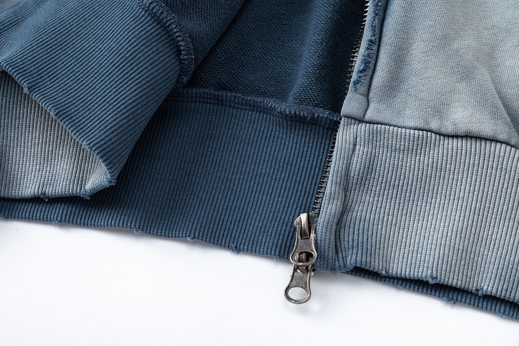 27362 American-style trendy washed distressed print short wide men's hooded cardigan sweatshirt jacket 148