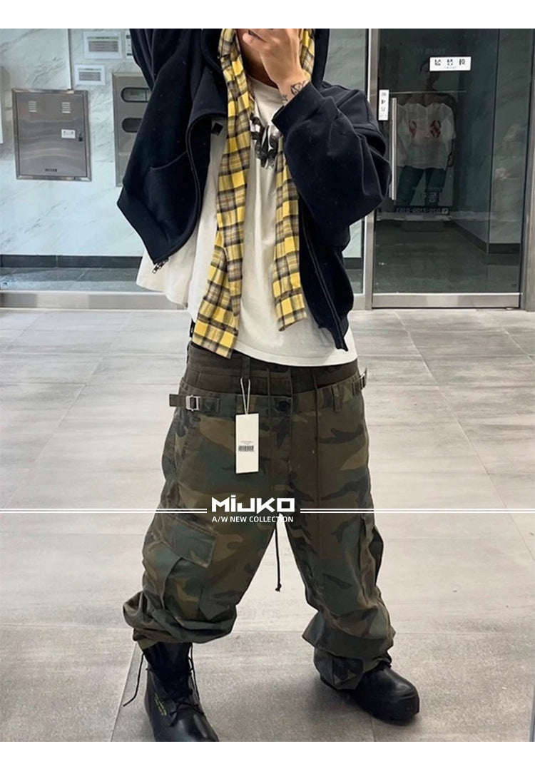 MIJKO Men's and Women's Triple-Waist Camouflage Cargo Pants with Buckle Waist Design, Casual Straight Leg Pants, Trendy 152