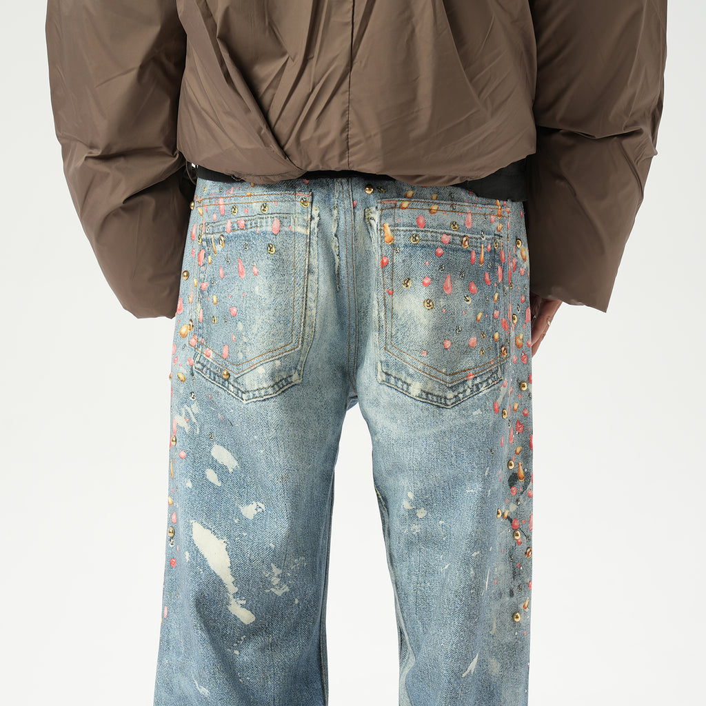 American retro AC style 3D digital printing old rivet drilling casual loose straight jeans men