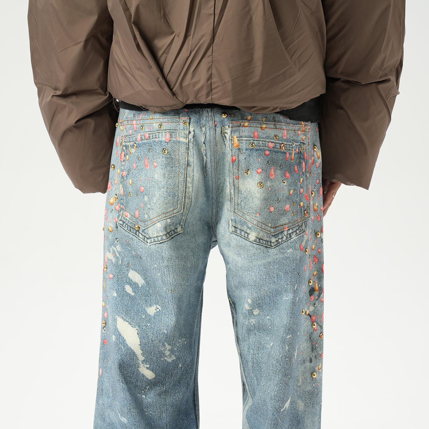 American retro AC style 3D digital printing old rivet drilling casual loose straight jeans men