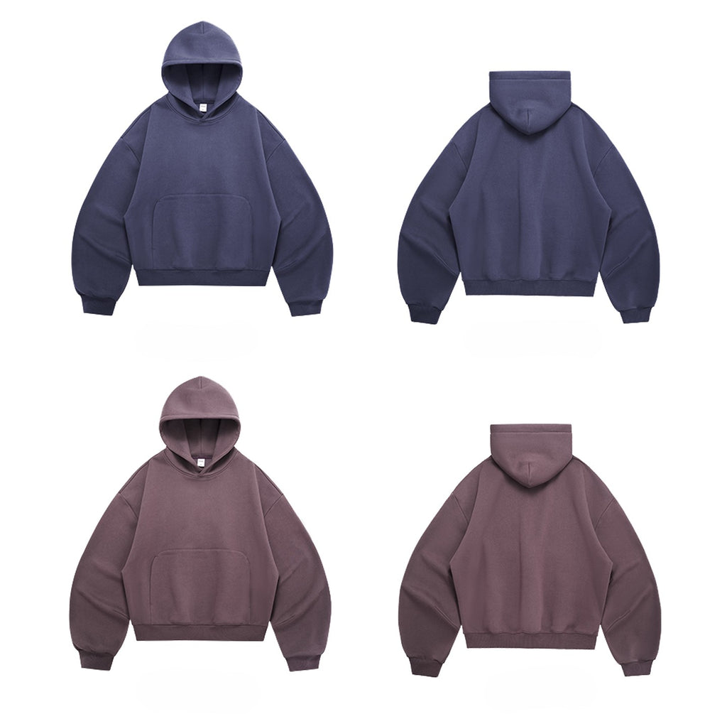 340G Heavyweight Fleece-Lined Hoodie with Curved Sleeves, Men's American Style, Cleanfit Short Solid Color Warm Hoodie 143