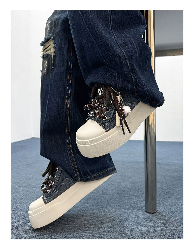 Thick-Soled Round-Toe Mickey Black and White Chunky Sneakers