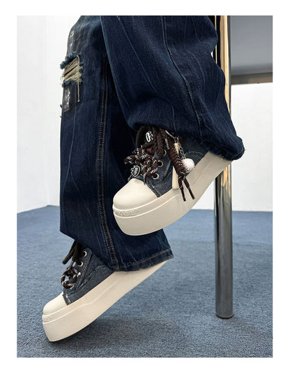 Thick-Soled Round-Toe Mickey Black and White Chunky Sneakers