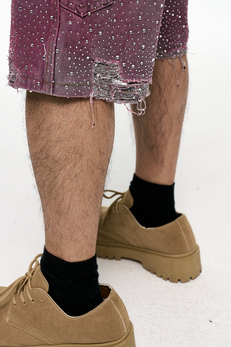 CWHAT American Retro VIBE Style Rhinestone Frayed Edge Men's Hip Hop Cropped Denim Shorts with Rhinestone Foil Hem 153