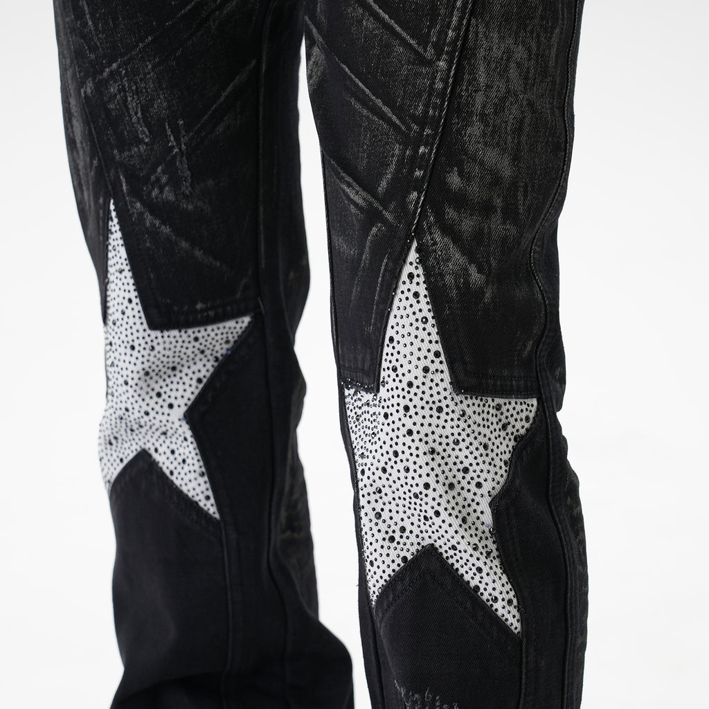 CWHAT American-style high street stitching three-dimensional tailoring deconstruction five-pointed star hot drilling brush dirty slim Micro-jeans men