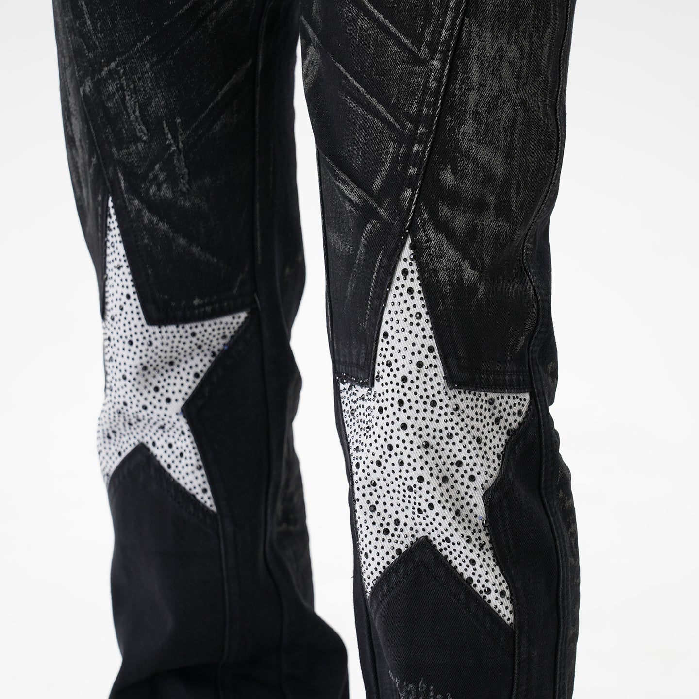 CWHAT American-style high street stitching three-dimensional tailoring deconstruction five-pointed star hot drilling brush dirty slim Micro-jeans men