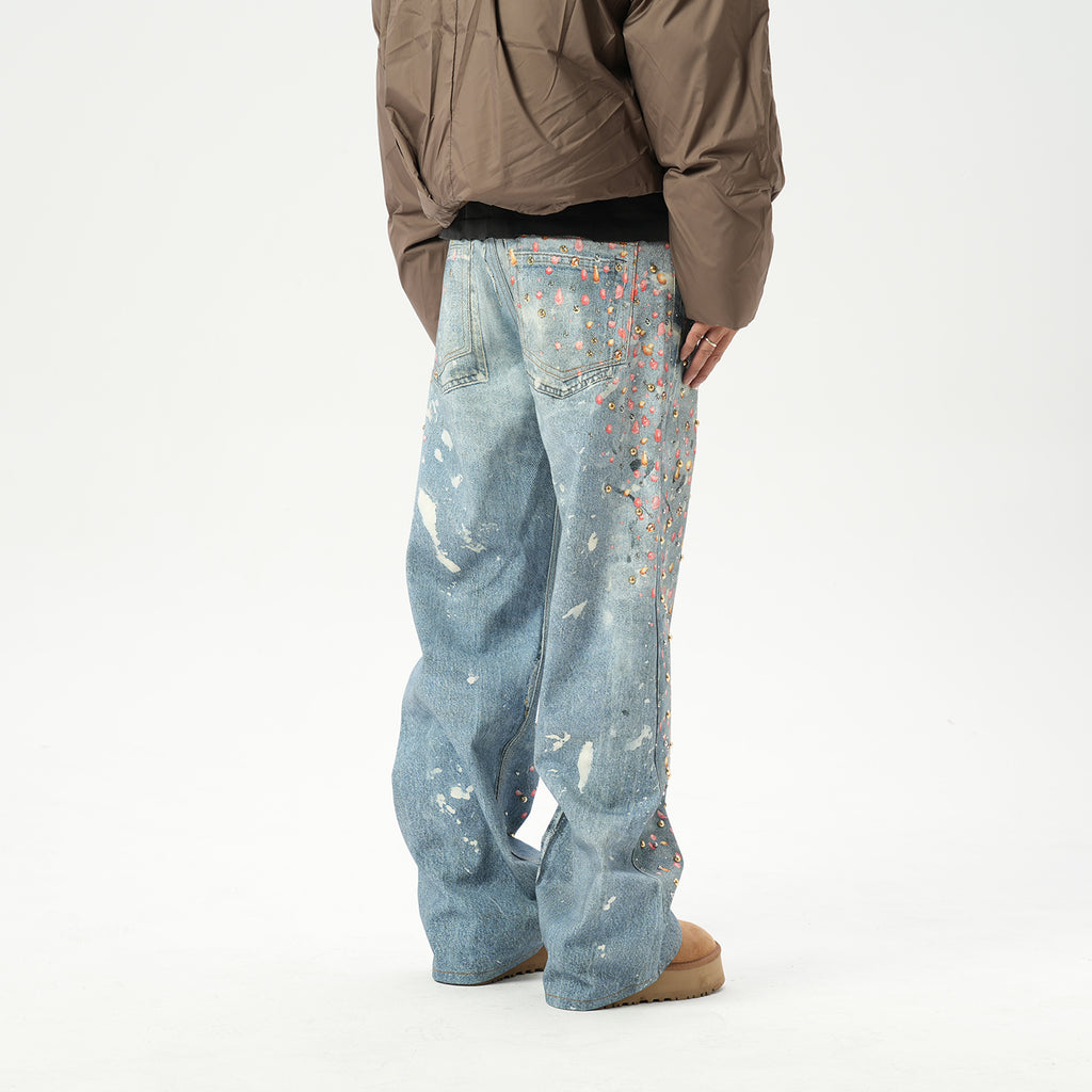 American retro AC style 3D digital printing old rivet drilling casual loose straight jeans men