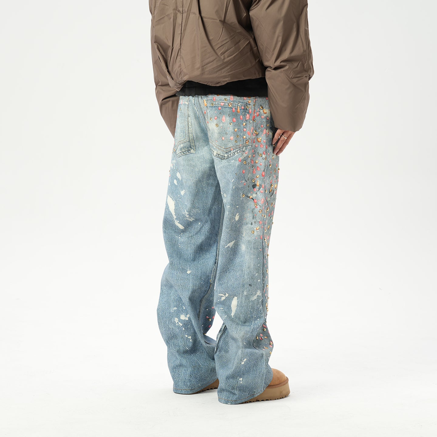 American retro AC style 3D digital printing old rivet drilling casual loose straight jeans men