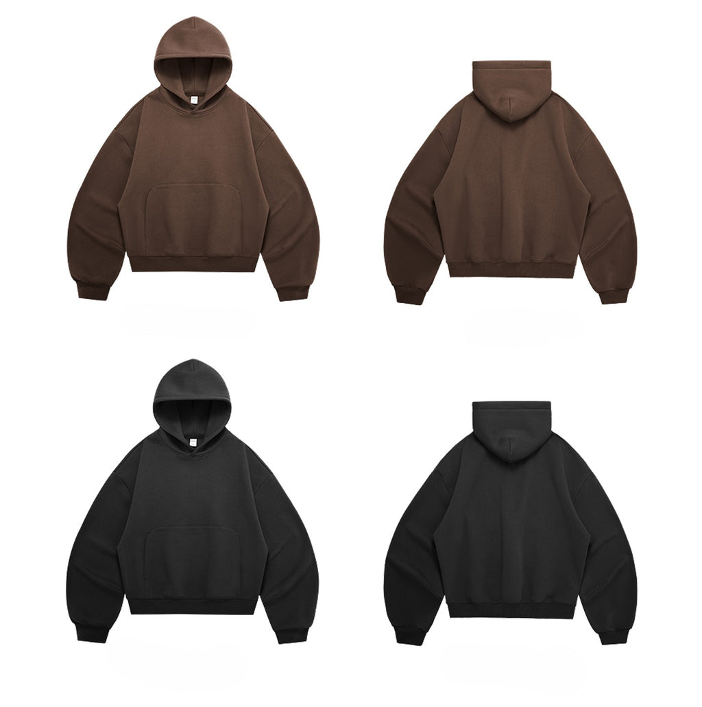 340G Heavyweight Fleece-Lined Hoodie with Curved Sleeves, Men's American Style, Cleanfit Short Solid Color Warm Hoodie 143