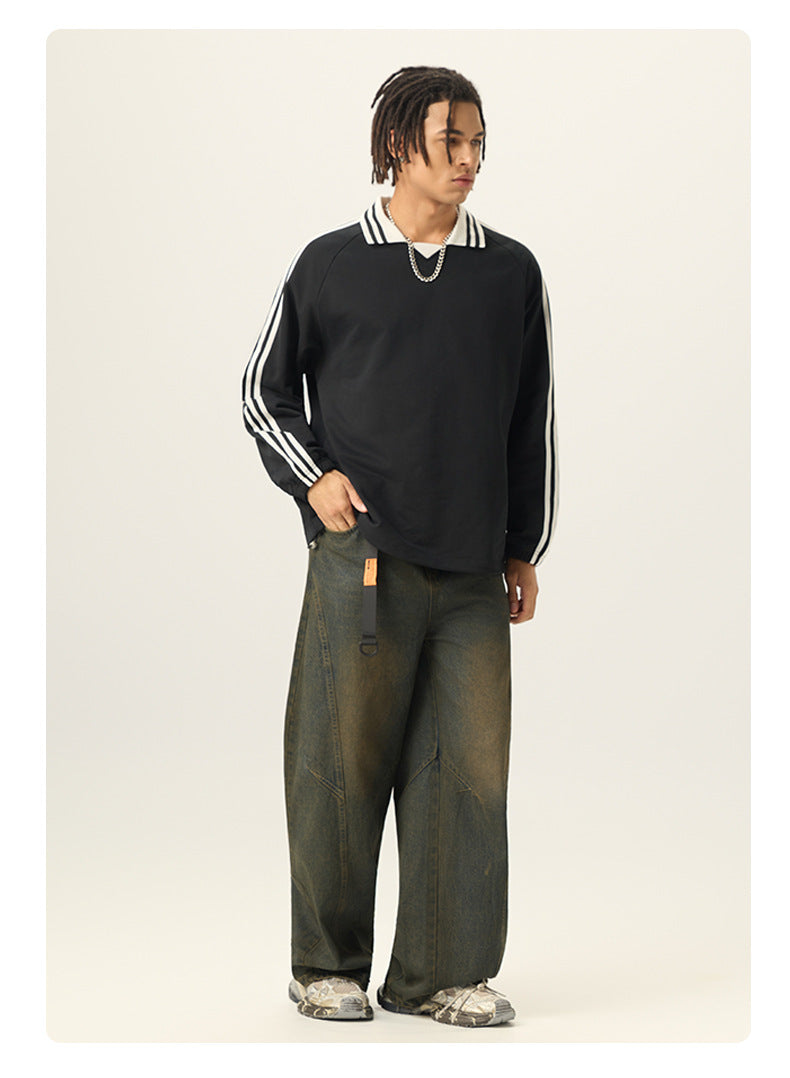 RS Men's Clothing | Cross-border American Striped Pure Cotton Sweatshirt Men's 380G College Style Color Block Turn-down Collar Commuting Men's Sweatshirt 120