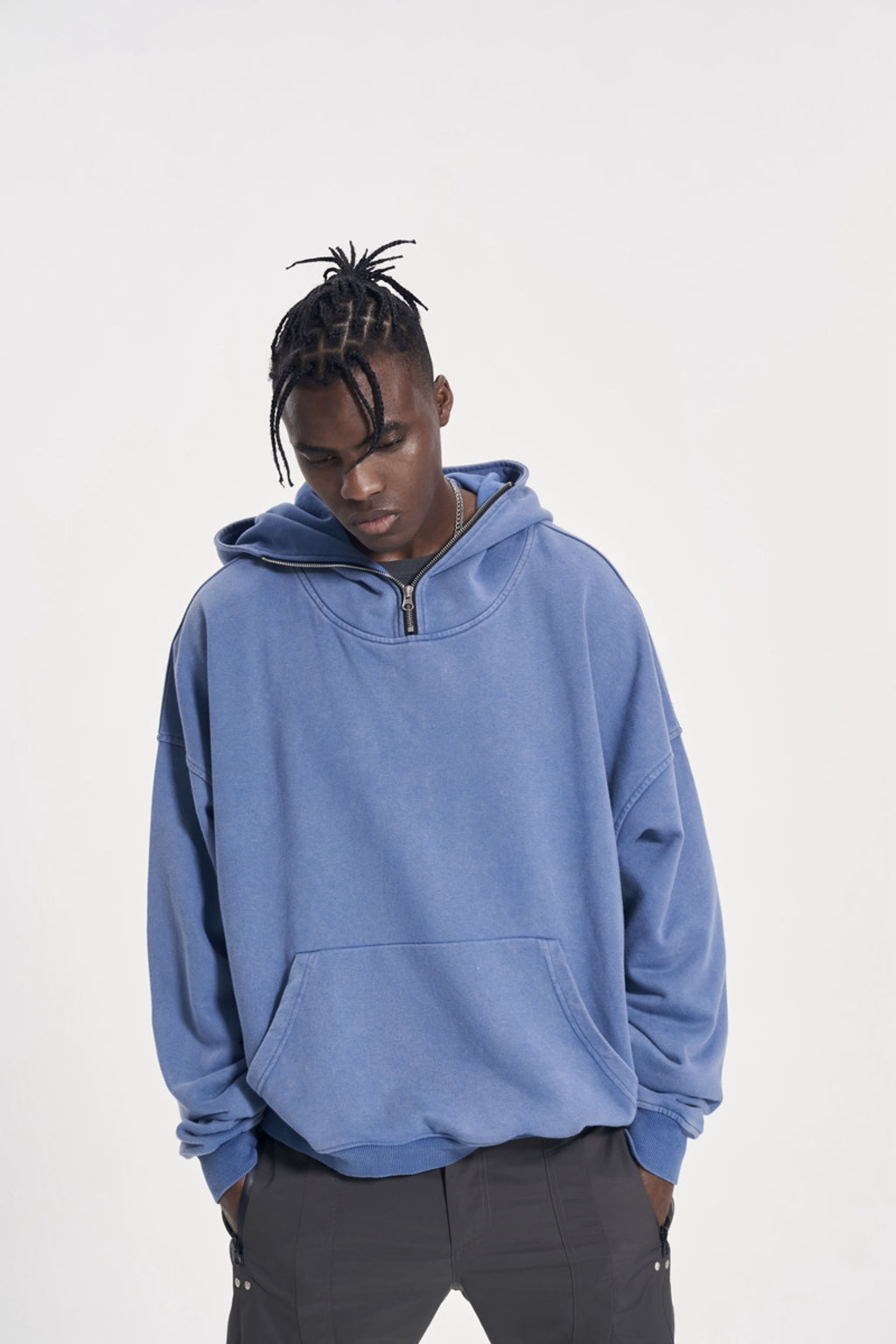 CWHAT High Street Zipper Ice Blue Washed Distressed FAR ARCHIVE Style Hoodie/Men's Base Layer 144