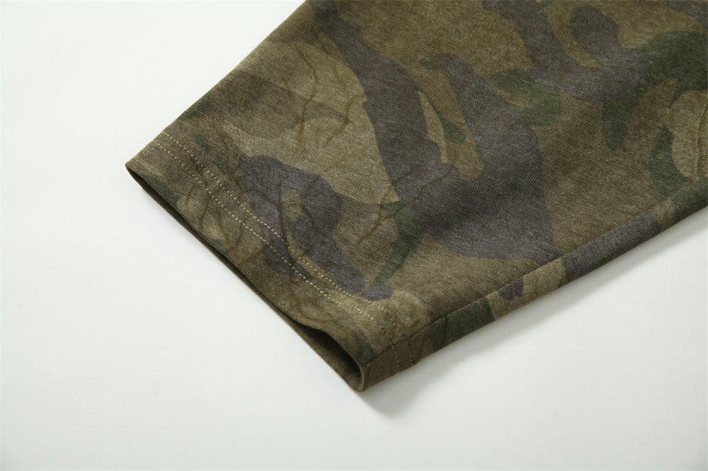 Street punk camouflage long-sleeved T-shirt for men, casual loose fit, spring and autumn, distressed wash, raglan patchwork top, trendy 178