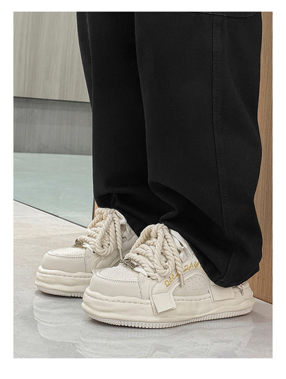 Thick-Soled Black Braided Sports Sneakers