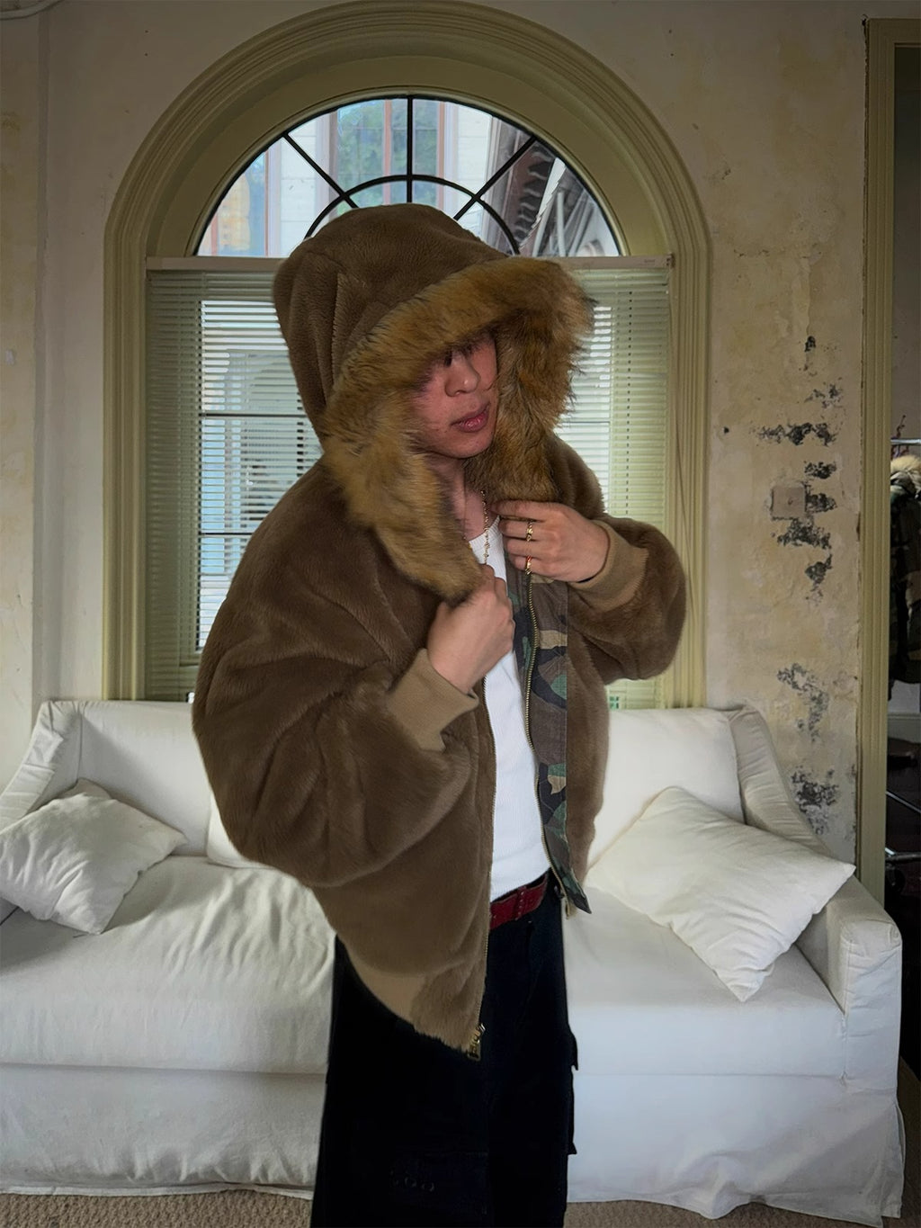 2024 New Reversible Camouflage Jacket with Faux Fur Collar, Fleece-Lined and Thickened Cotton Coat for Men, Trendy Cotton-Padded Jacket 161