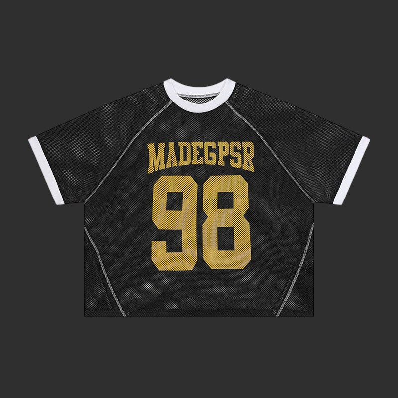 Mesh Football Jersey T-Shirt Men Varsity Number Print Oversized Streetwear Tee | FlipFit