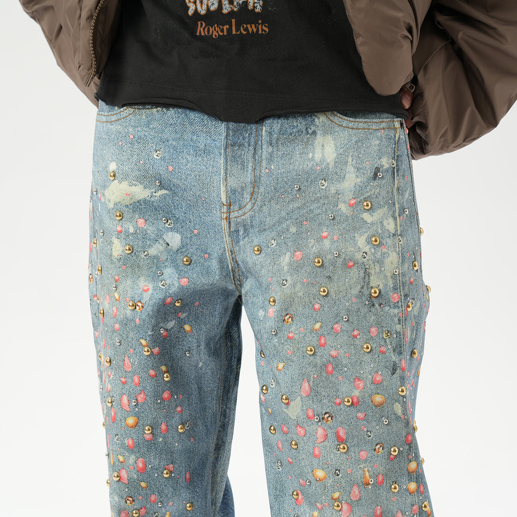 American retro AC style 3D digital printing old rivet drilling casual loose straight jeans men