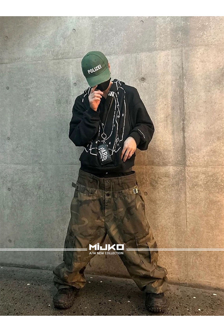 MIJKO Men's and Women's Triple-Waist Camouflage Cargo Pants with Buckle Waist Design, Casual Straight Leg Pants, Trendy 152