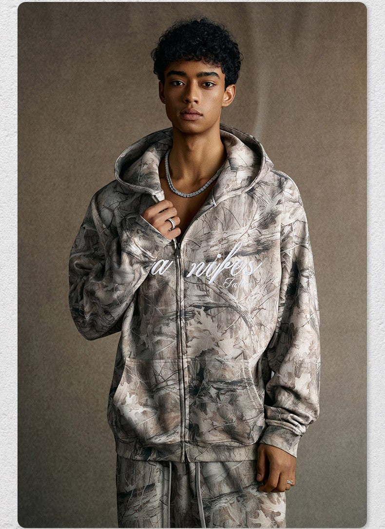 Street Style Chic Winter European and American Style Camouflage Embroidered Fleece-Lined Hoodie Jacket for Men 177