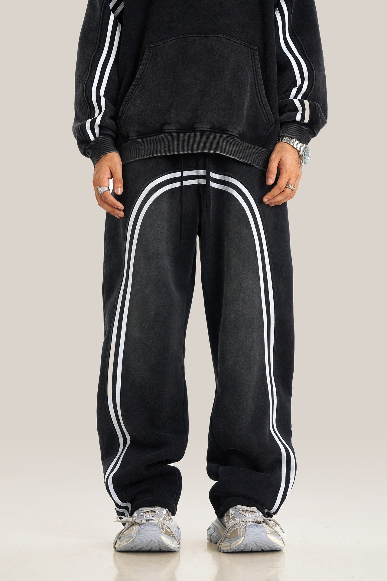 European and American High Street Spray Maliu Color Contrast Ribbon  oversize Sweatpants 108