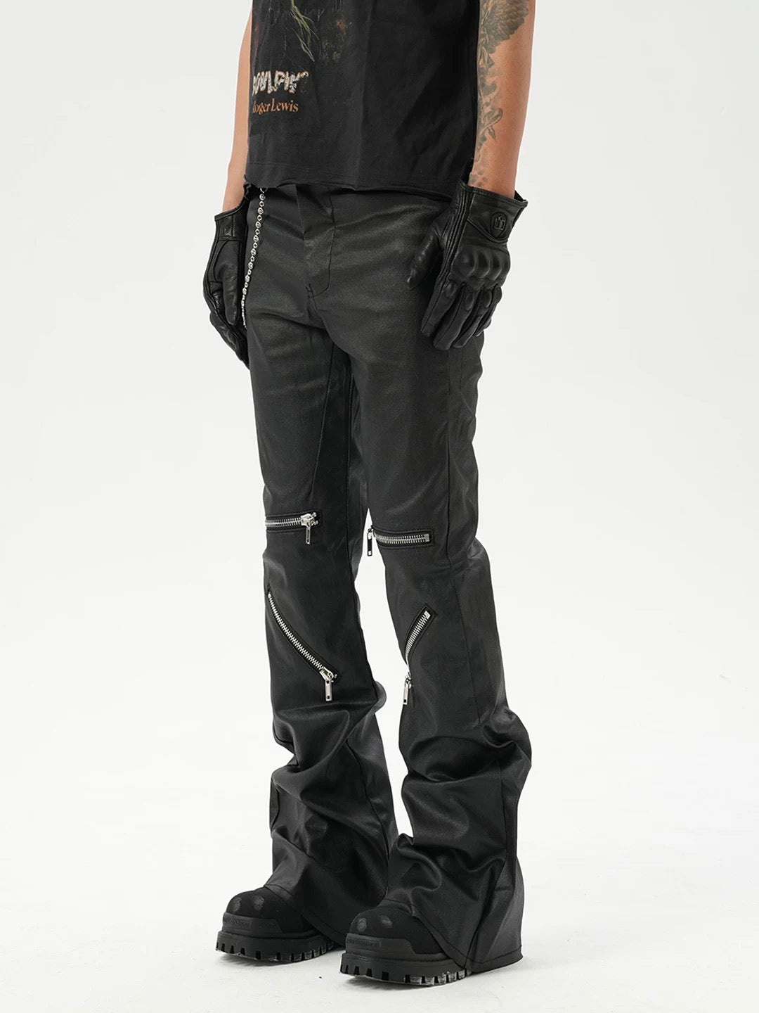 American high-street niche knee-high multi-zipper coated slightly flared jeans, floor-length flared pants