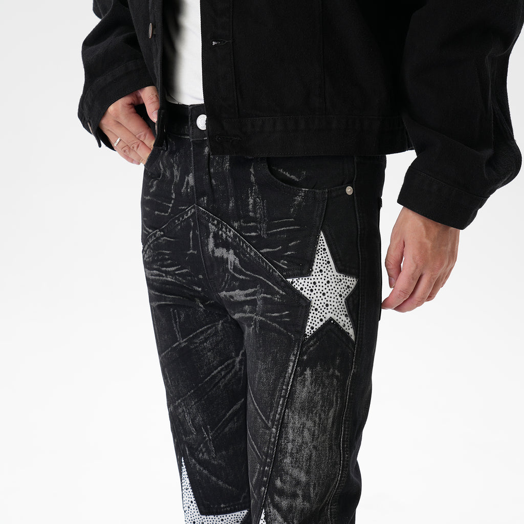 CWHAT American-style high street stitching three-dimensional tailoring deconstruction five-pointed star hot drilling brush dirty slim Micro-jeans men